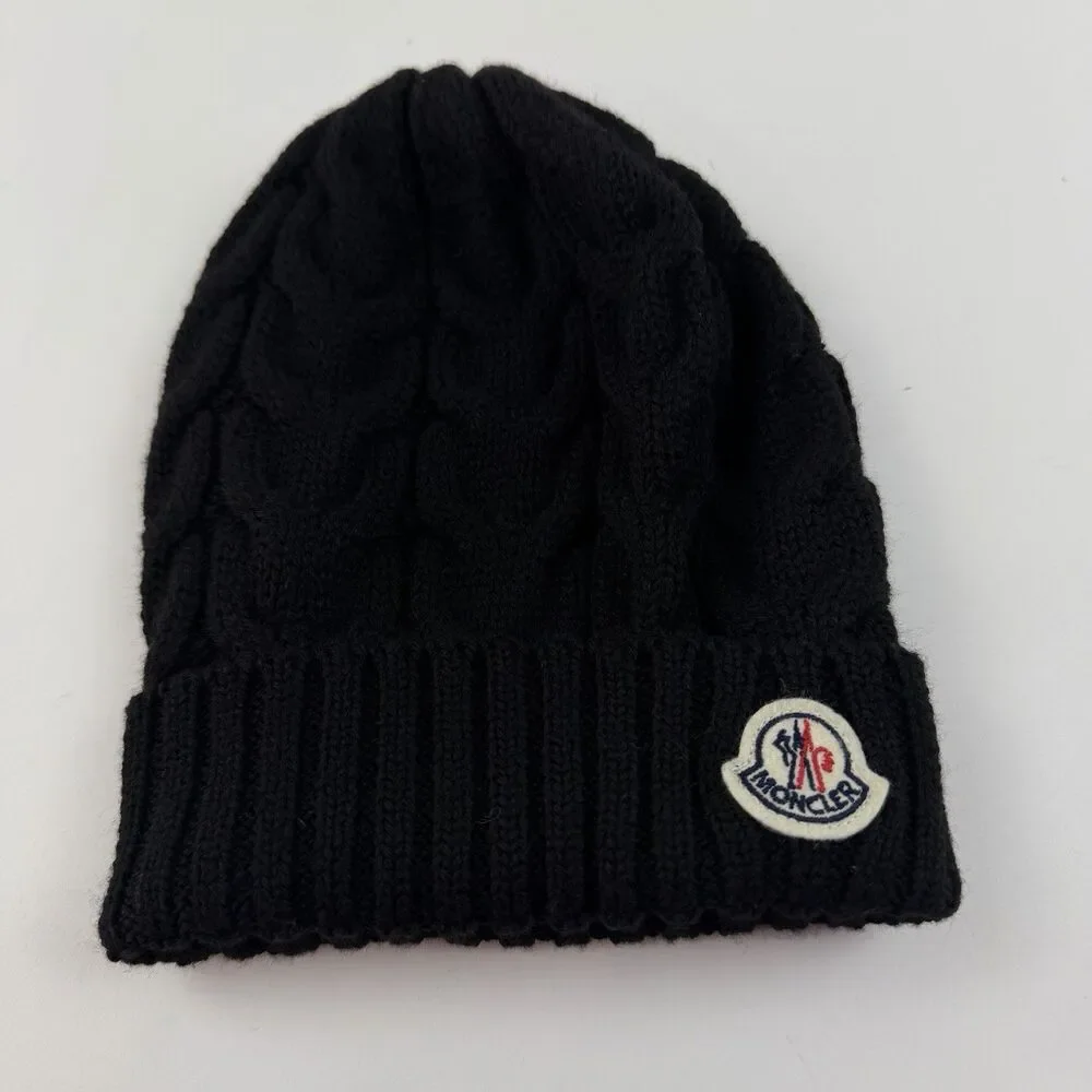 Moncler Kid’s Cable Knit Wool Beanie Black Size Medium Hat Unisex
